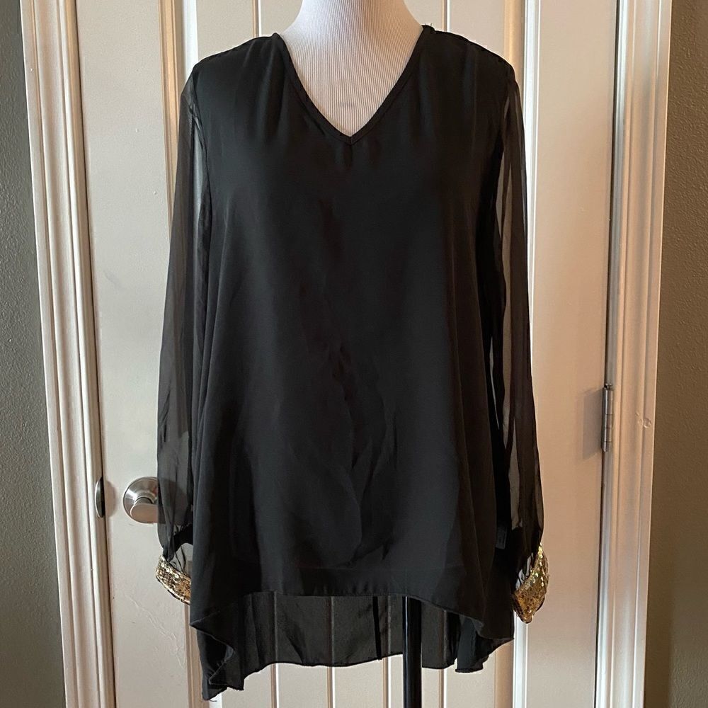 Shein Black Asymmetrical Blouse Sheer Long Sleeves Sequin Cuffs